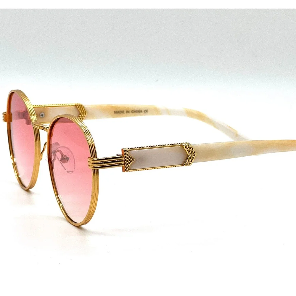 Round Sunglasses Women Gold Frame Pink Lens Fashion Shades Designer Style Lentes